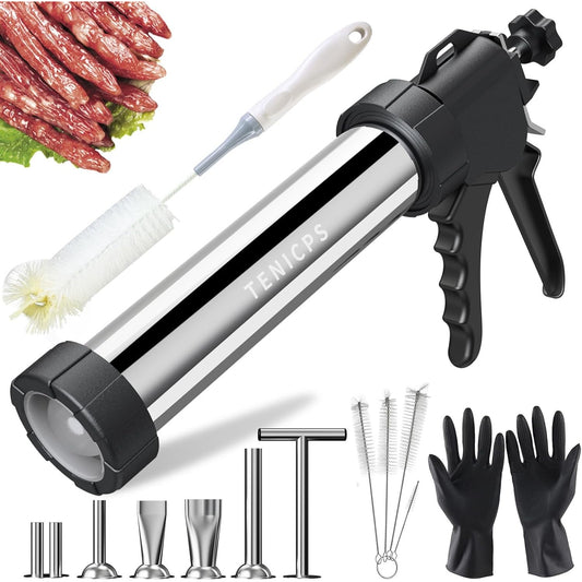 Stainless Steel Jerky Gun Kit Sausage Stuffer 5 Nozzles Meat Maker