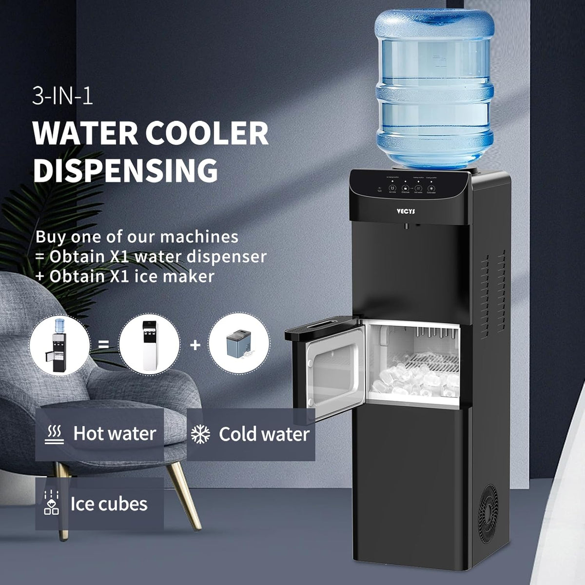 VECYS 5 Gallon Water Dispenser Ice Maker 27 Lb Daily Ice Child Safety Lock