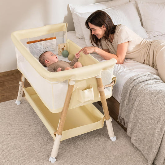 3 in 1 Baby Bassinet Bedside Sleeper Crib 5 Adjustable Heights Mesh Wheels