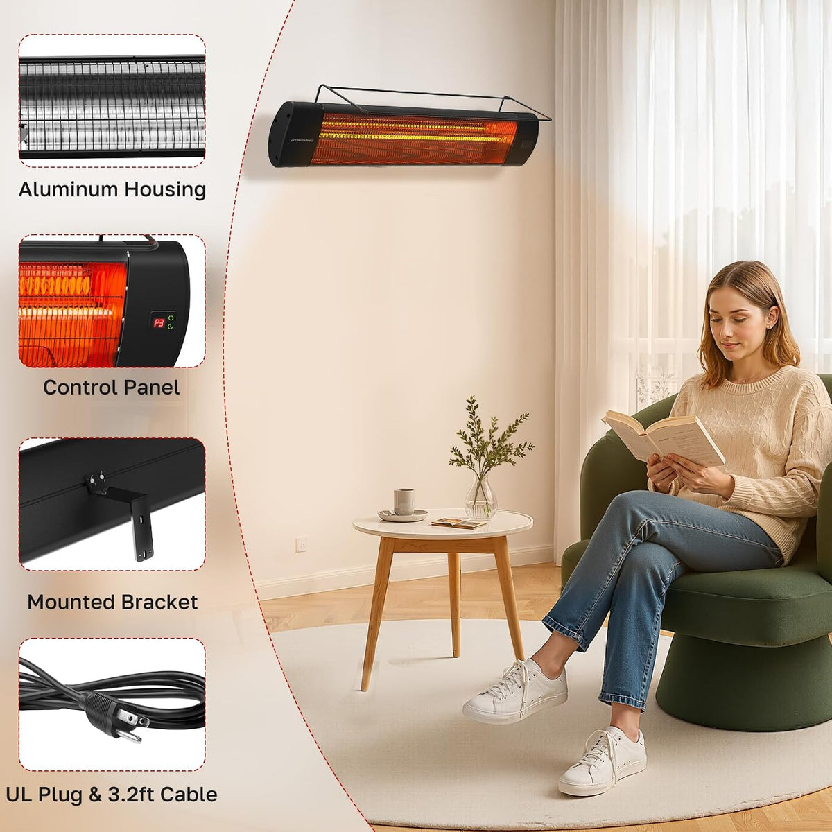 ThermoMate 1500W Infrared Patio Heater with Tripod IP65 Remote 24H Timer Black