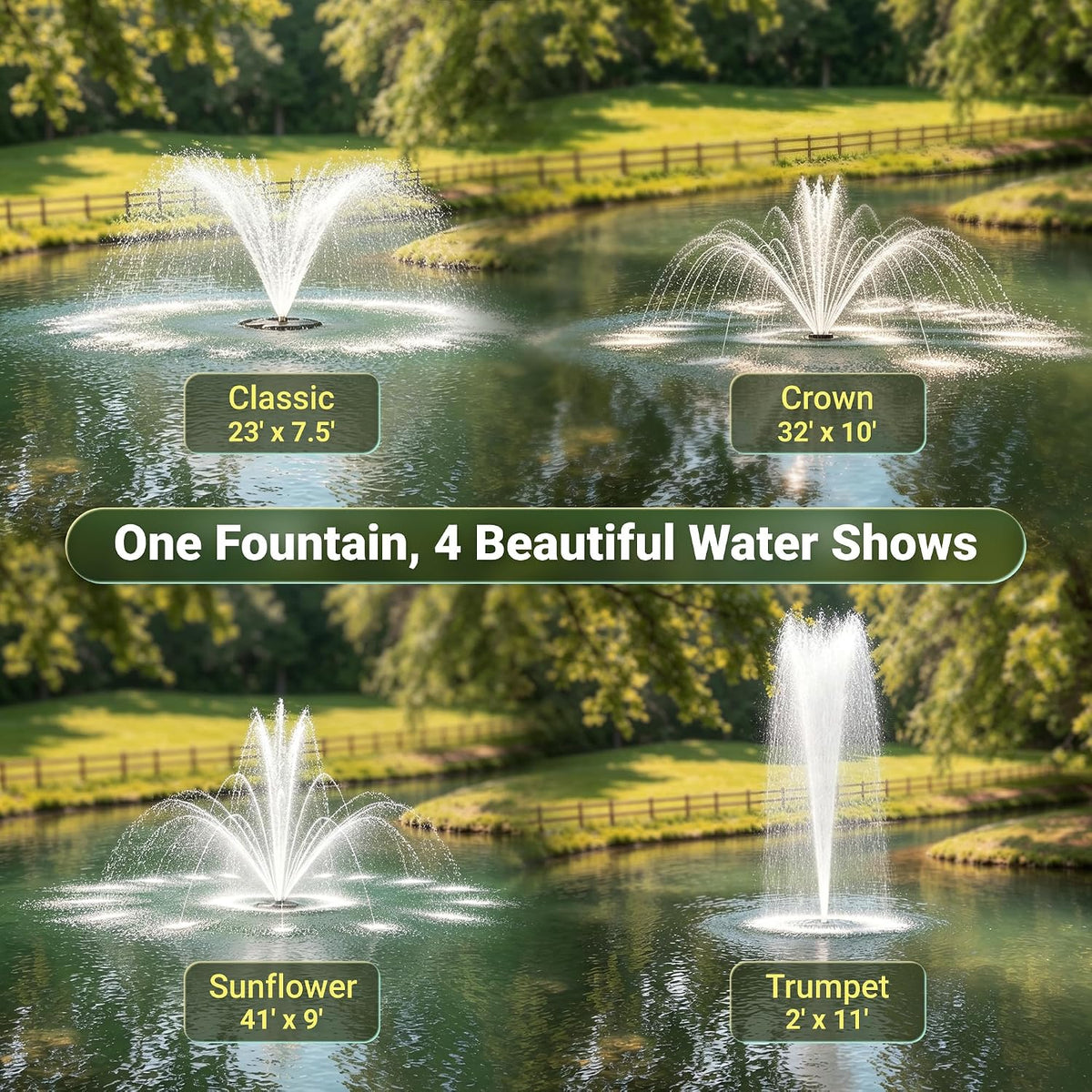 Ecospray 450W Floating Pond Fountain RGB LED 100ft Cord 4 Spray Nozzles
