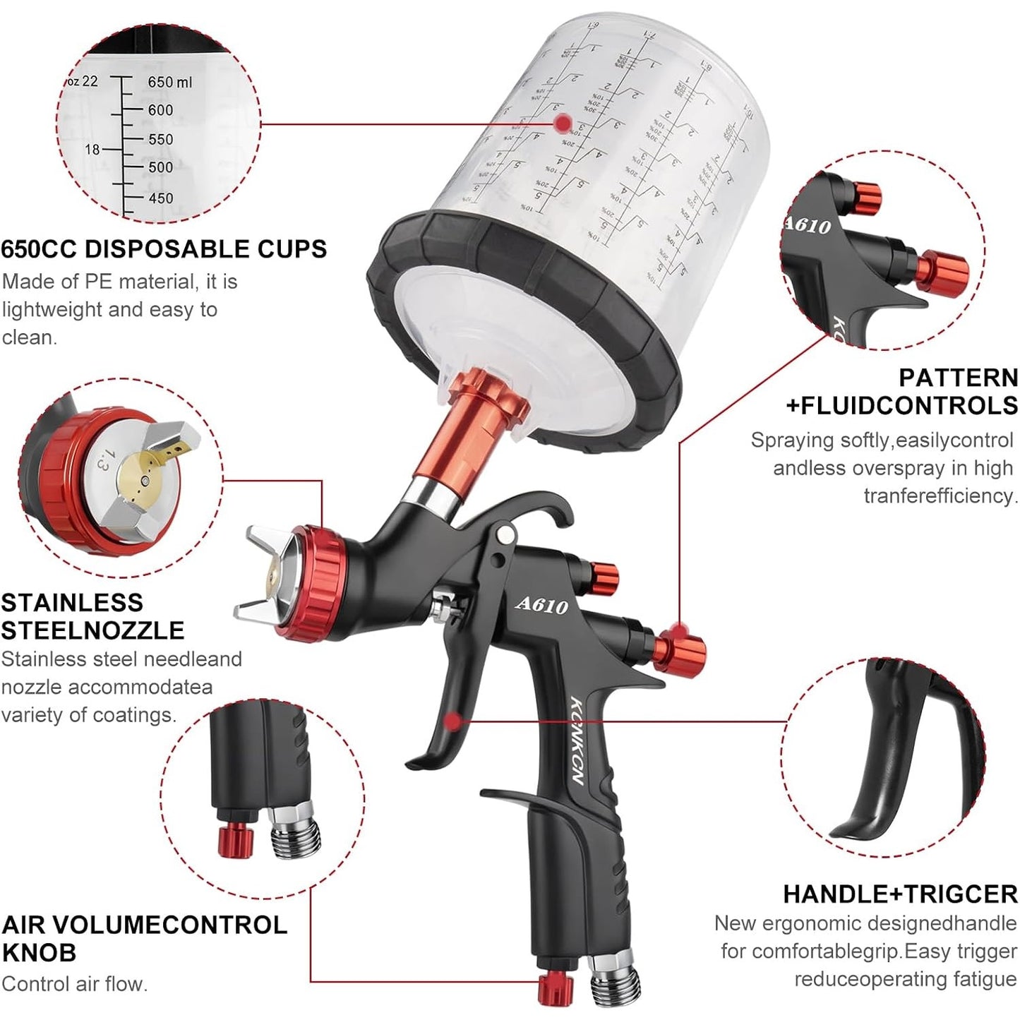R500 A610 LVLP Spray Gun Kit Automotive Car Paint 1.3/1.5/1.7mm Nozzles 10 Cups