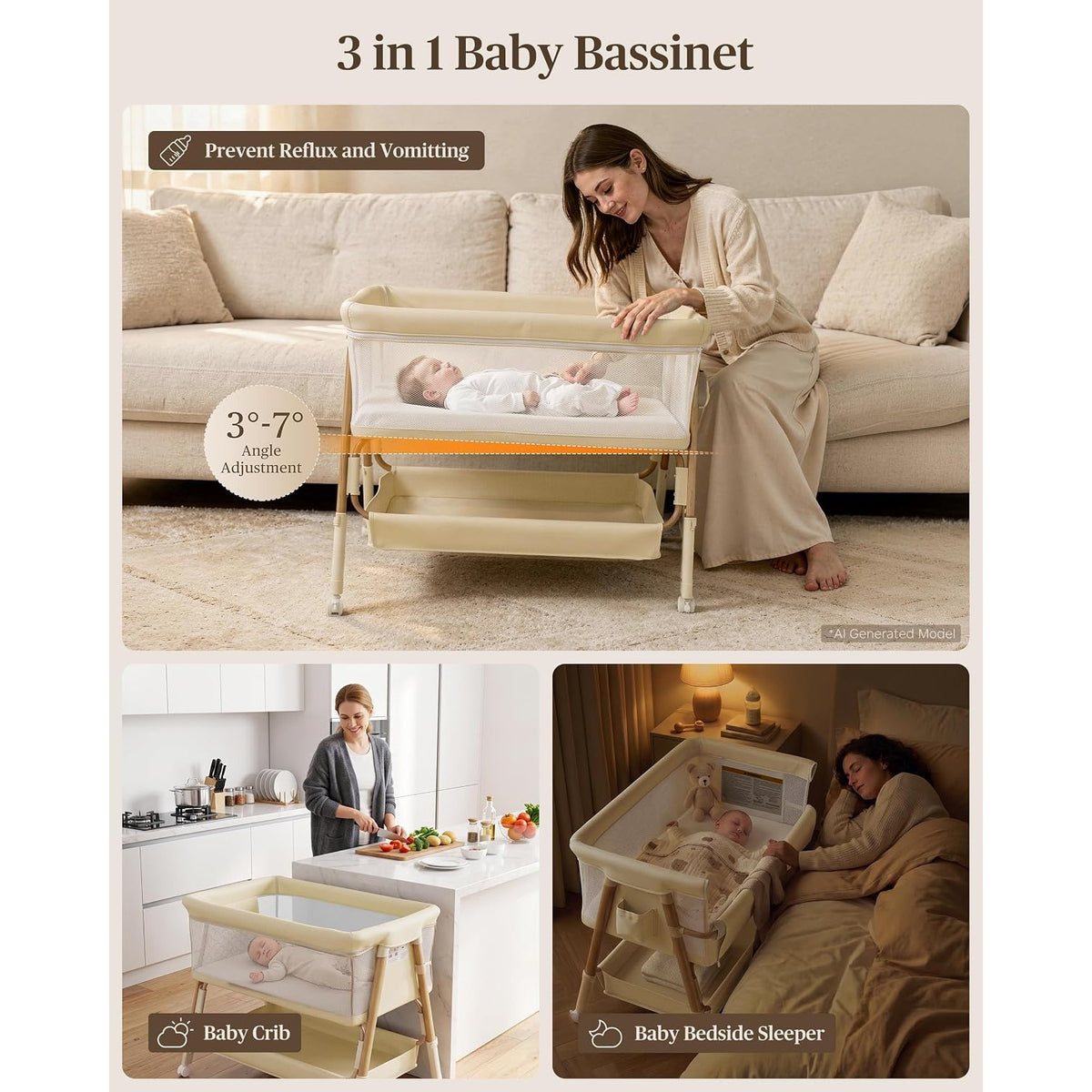 3 in 1 Baby Bassinet Bedside Sleeper Crib 5 Adjustable Heights Mesh Wheels