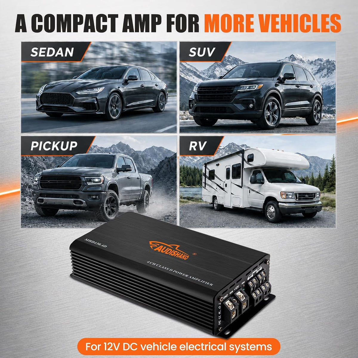 Audishako MHD130.4D 2400W 4-Channel Class D Car Audio Amplifier 2/4 Ohm