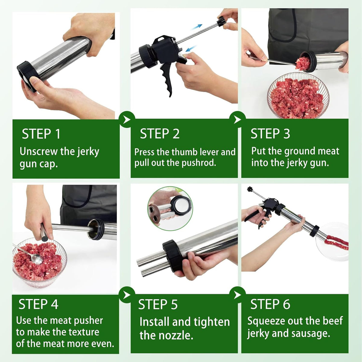 Stainless Steel Jerky Gun Kit Sausage Stuffer 5 Nozzles Meat Maker