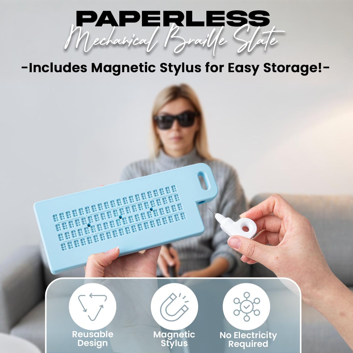 Versa Paperless Braille Slate Erasable 4 Rows 20 Cells Magnetic Stylus Blind