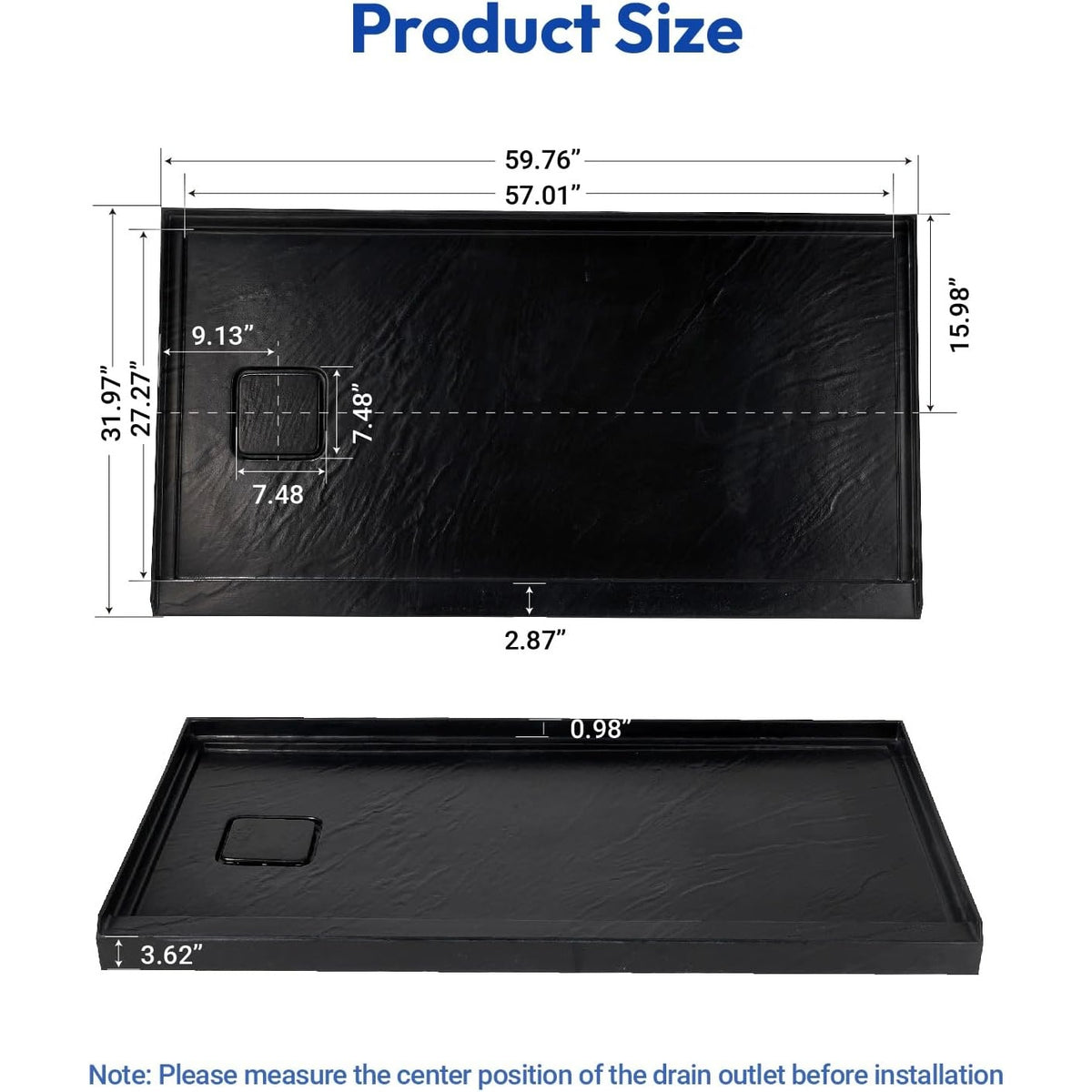 Mokleba 60x32 Shower Pan Left Drain Matte Black Acrylic Magnetic Cover