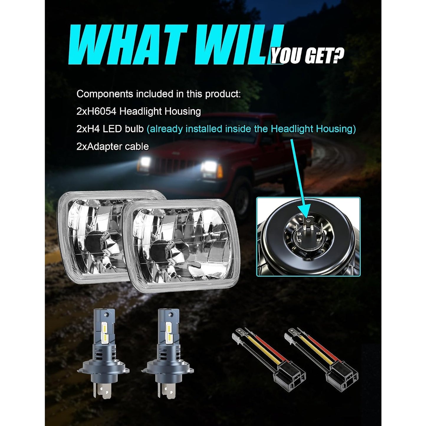 5x7 7x6 H6054 Glass Sealed Beam Headlight Housing H4 LED Bulbs 6500K Pair Kit