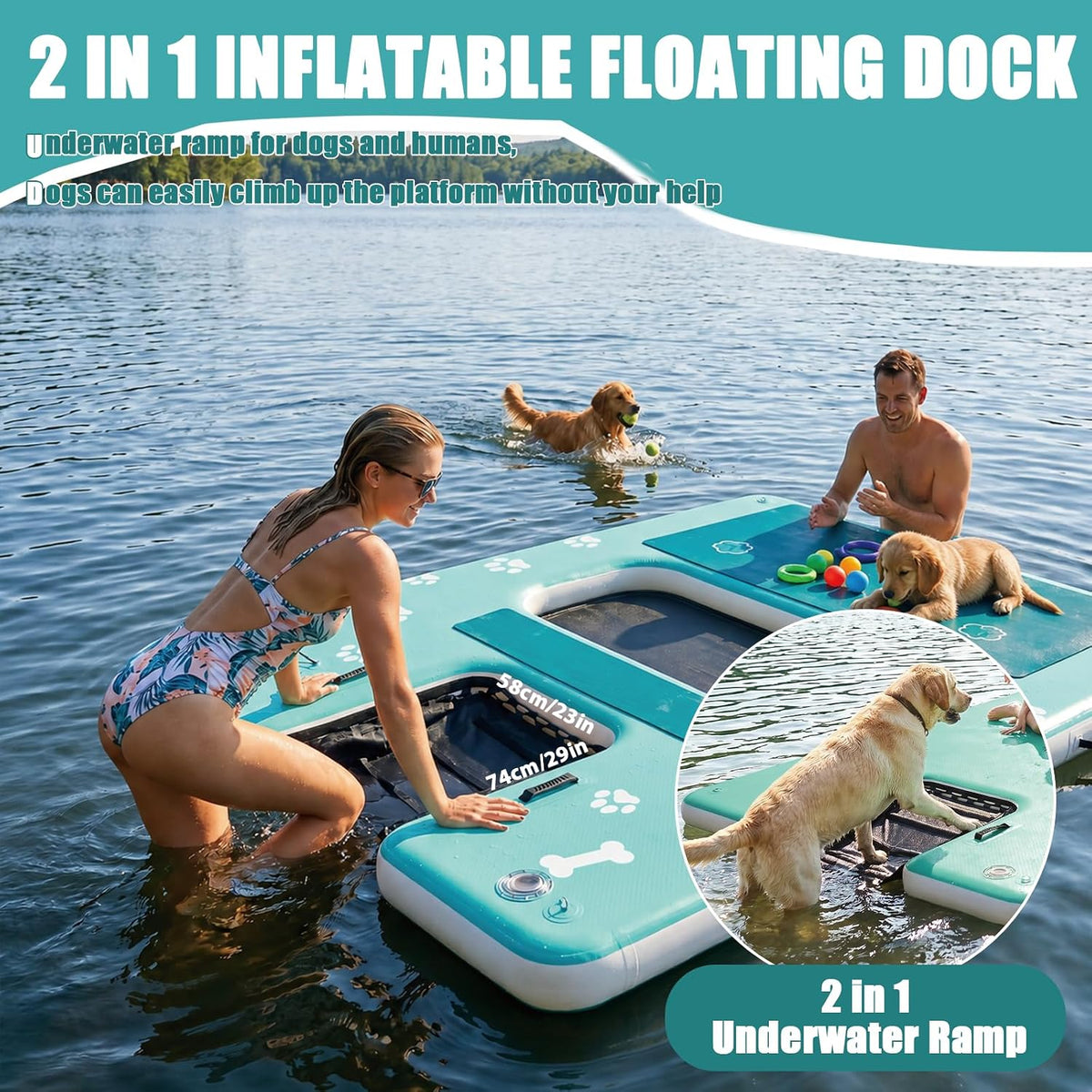 VEBESYET 8x6FT Inflatable Floating Dock Dog Ramp Mesh Swim Platform 6in