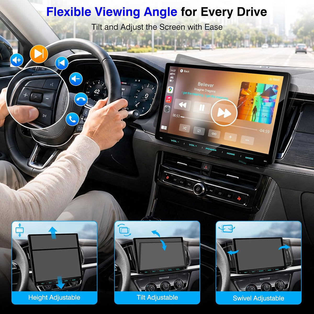 10.1" Double Din Car Stereo Wireless CarPlay Android Auto QLED Backup Camera