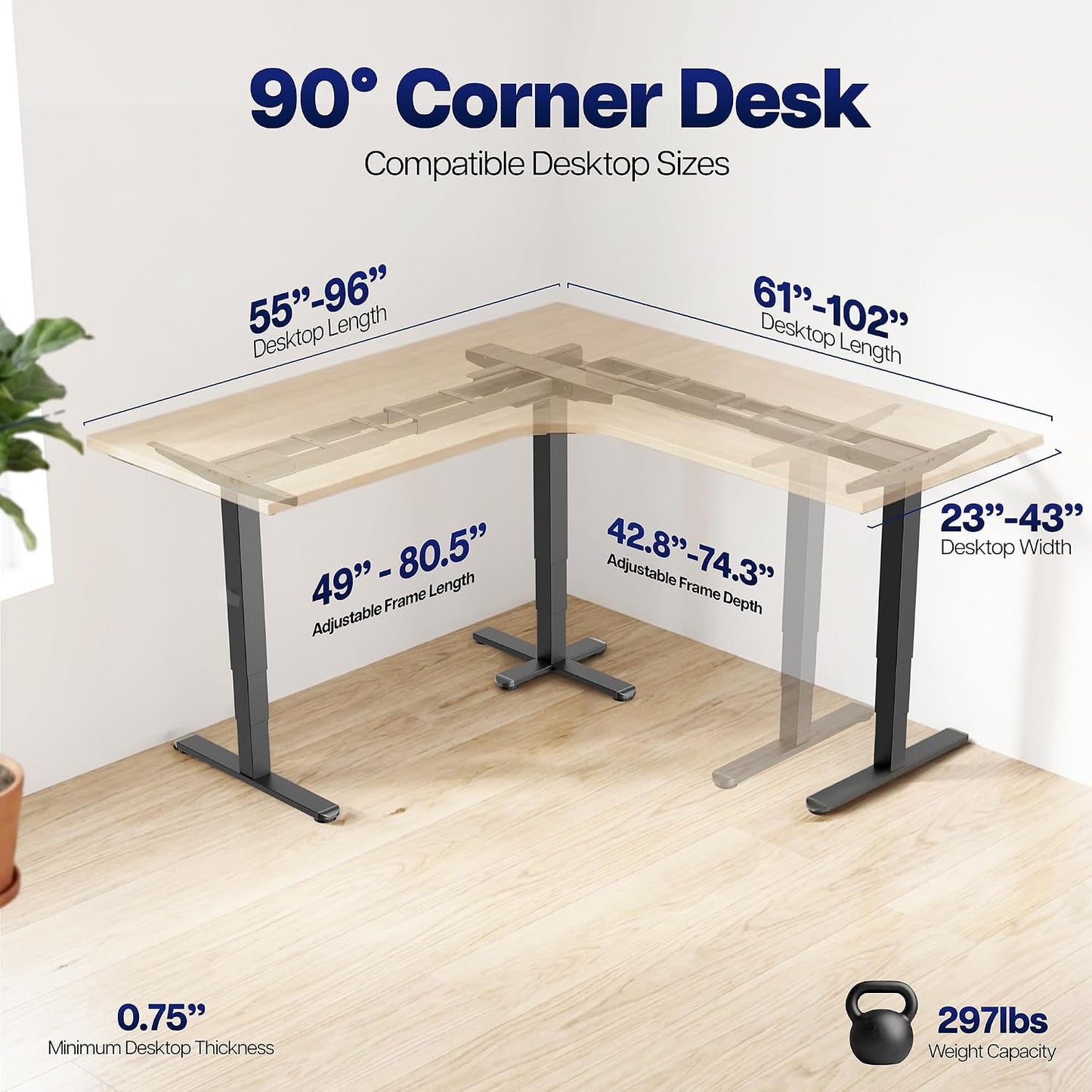 VIVO Electric Triple Motor 3 Leg L Shape Standing Desk Frame Only DESK-E-300B (TableTop, NOT Included)