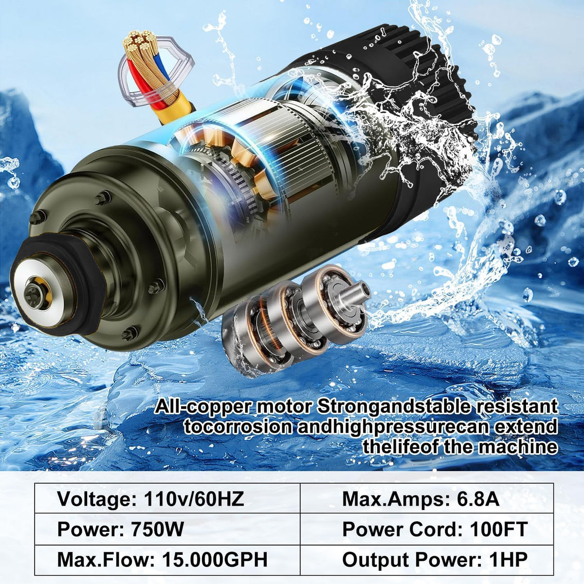 1HP 15000 GPH Pond Fountain Aerator RGB Lights 750W 110V 100FT Cord Timer